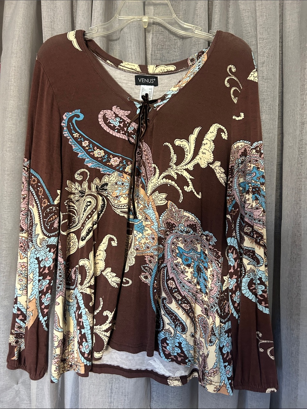 VENUS Brown Paisley Lace-Up Long Sleeve Top with Blue & Cream Accents